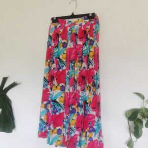 90s Vintage Midi Skirt Tropical Hibscus Print Hawaiian Pleated Flowy Floral Pink